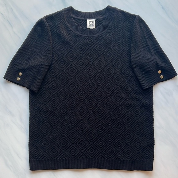 NWT Anne Klein Short Sleeve Diamond Pattern Sweater with Gold Buttons Black L - Picture 1 of 7